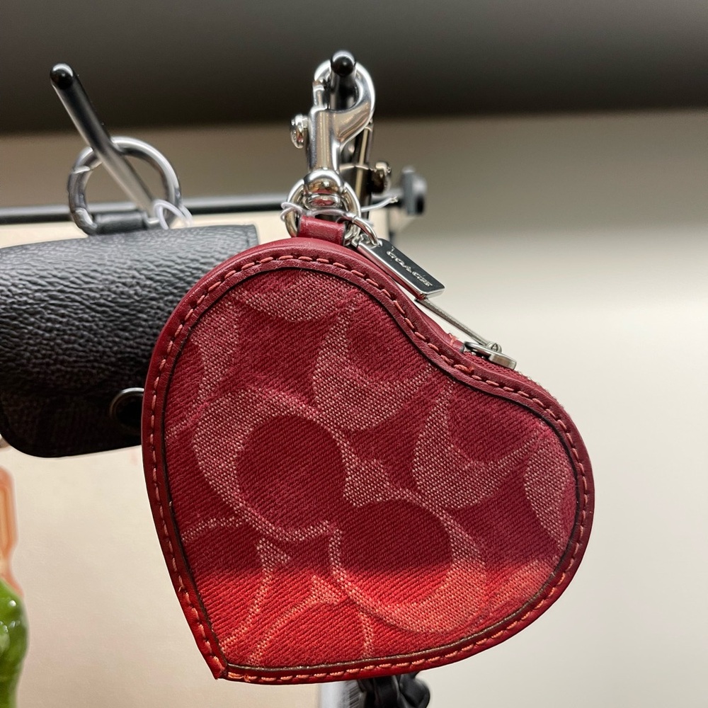NWT coach Heart Bag Charm In Signature Denim CDC91 Silver True Red